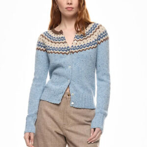 Ann Mashburn Fair Isle Cardigan Sweater XS Nordic Baby Blue Alpaca Designer $400